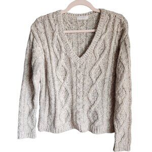 Majestic Beige Cable Knit V-Neck Sweater